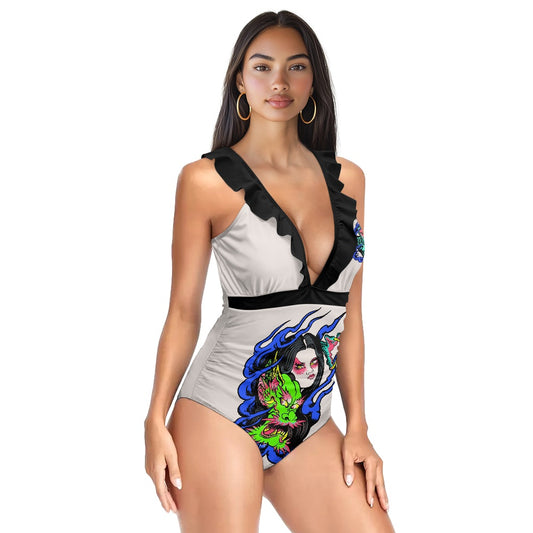 Dragon Lady Women's Ruffled Lace Up One-Piece Swimsuit