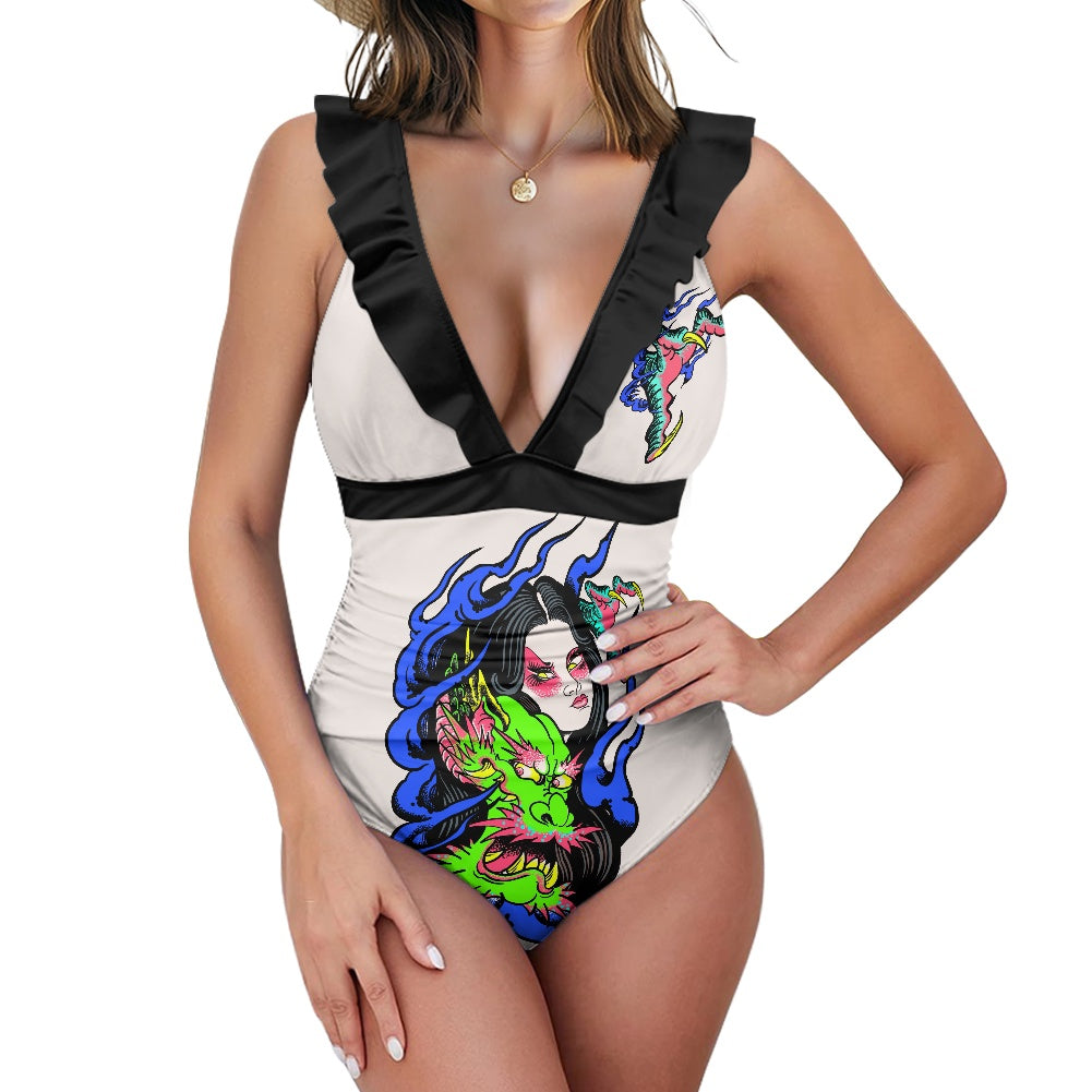 Dragon Lady Women's Ruffled Lace Up One-Piece Swimsuit