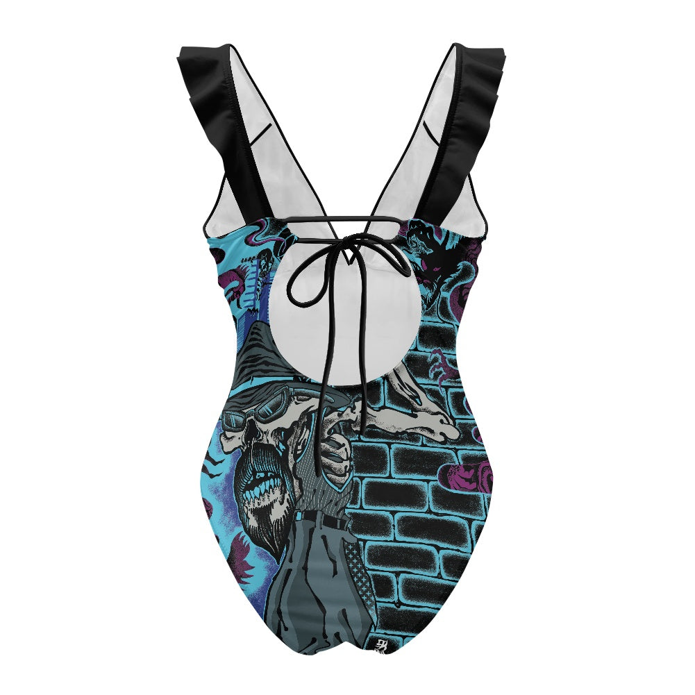 The Last Cholo Women's Ruffled Lace Up One-Piece Swimsuit