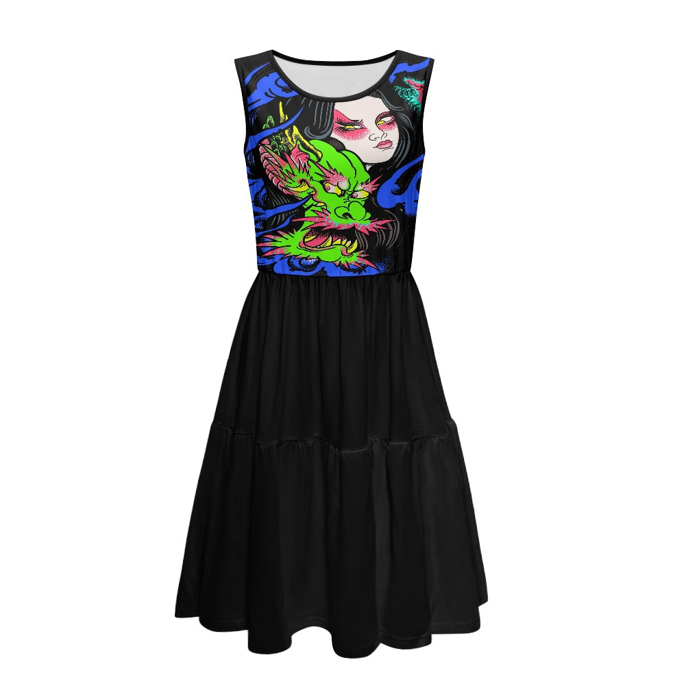 Dragon Lady Women's sleeveless round neck patchwork skirt