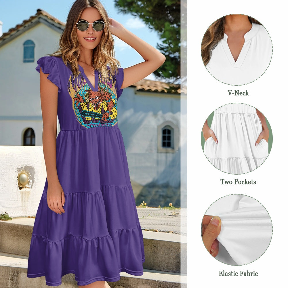 ONI Women's V-neck pocket waist patchwork dress