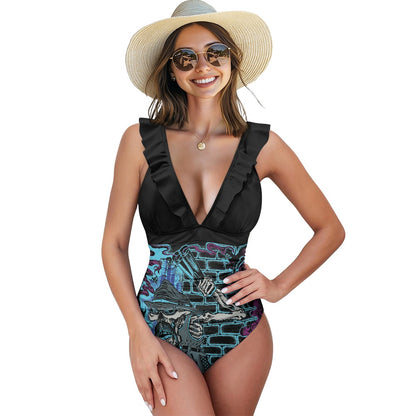 The Last Cholo Women's Ruffled Lace Up One-Piece Swimsuit