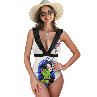 Dragon Lady Women's Ruffled Lace Up One-Piece Swimsuit