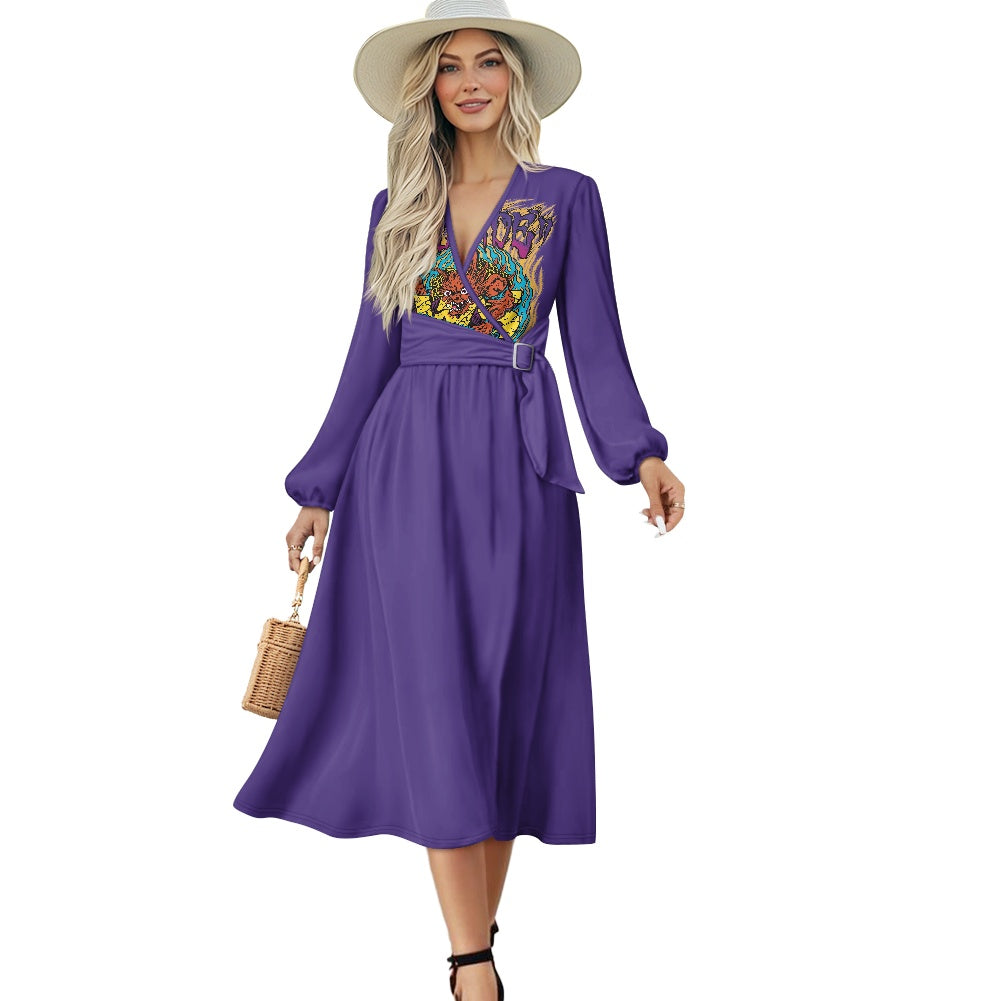 ONI V-Neck Long Sleeve Tie Waist Midi Dress