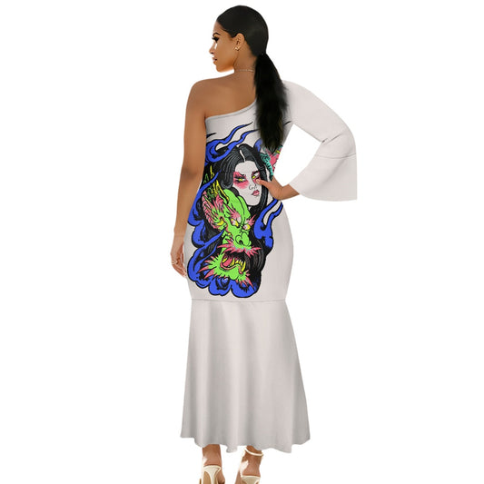 Dragon Lady One-shoulder Mermaid Dress with Long Sleeve