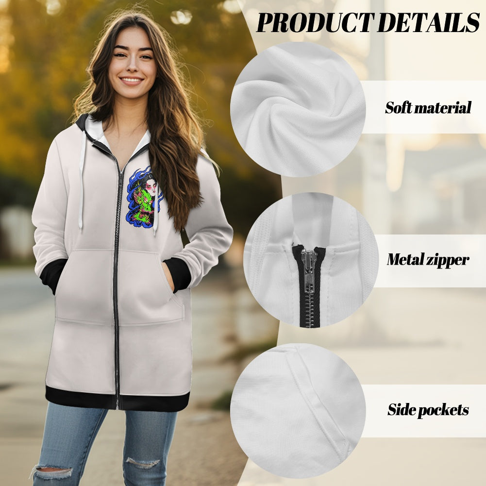 Dragon Lady Women's mid-length hooded sweatshirt cardigan