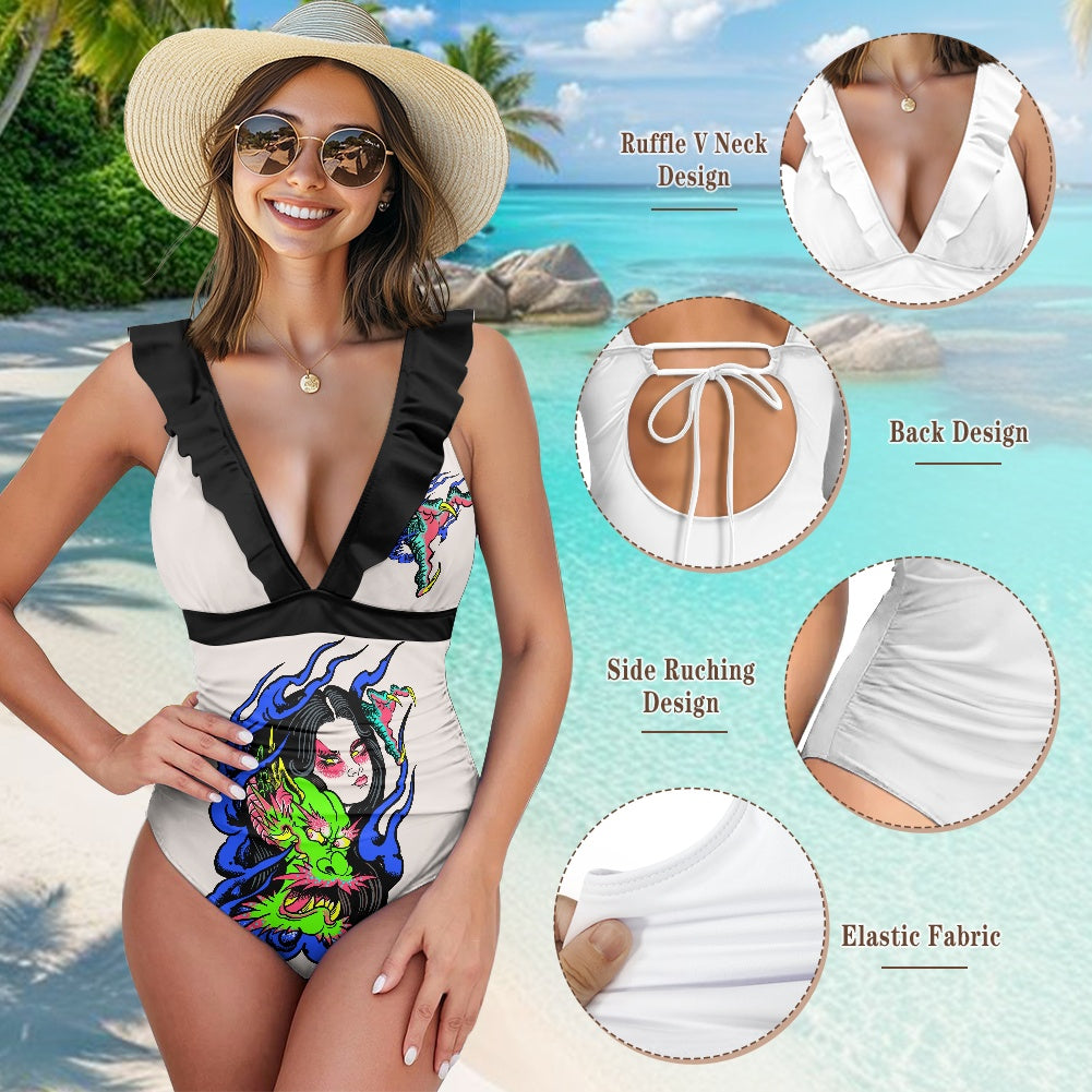 Dragon Lady Women's Ruffled Lace Up One-Piece Swimsuit