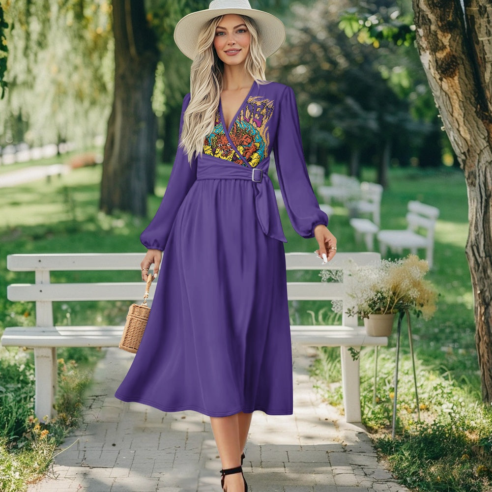 ONI V-Neck Long Sleeve Tie Waist Midi Dress