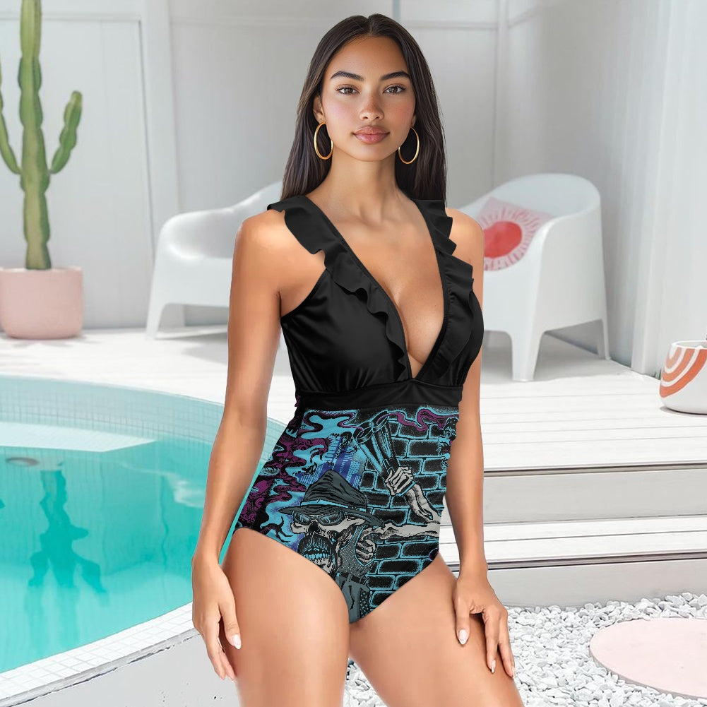 The Last Cholo Women's Ruffled Lace Up One-Piece Swimsuit