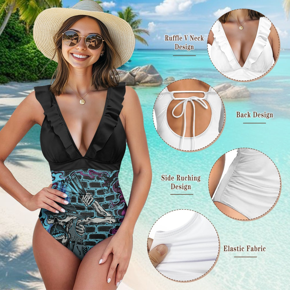 The Last Cholo Women's Ruffled Lace Up One-Piece Swimsuit