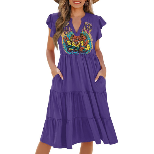 ONI Women's V-neck pocket waist patchwork dress