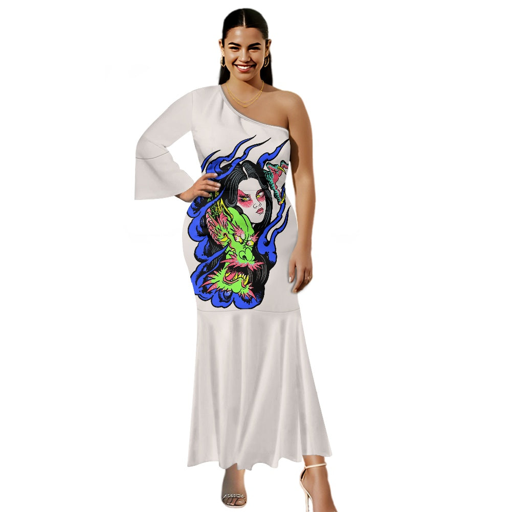 Dragon Lady One-shoulder Mermaid Dress with Long Sleeve
