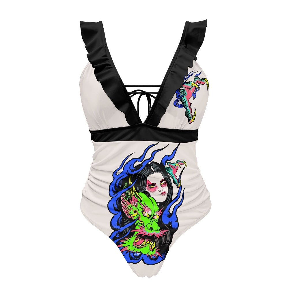 Dragon Lady Women's Ruffled Lace Up One-Piece Swimsuit