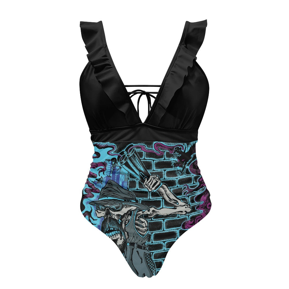The Last Cholo Women's Ruffled Lace Up One-Piece Swimsuit