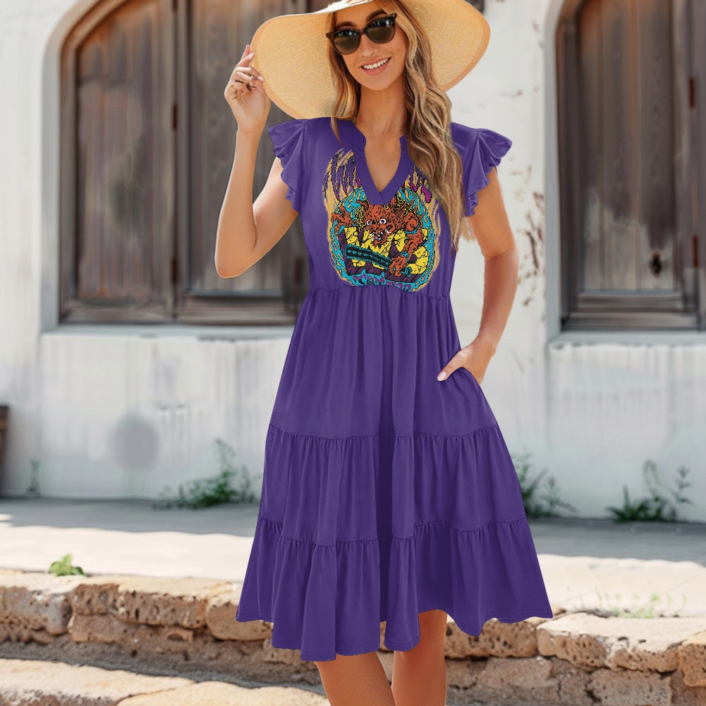 ONI Women's V-neck pocket waist patchwork dress