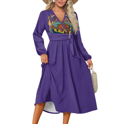 ONI V-Neck Long Sleeve Tie Waist Midi Dress