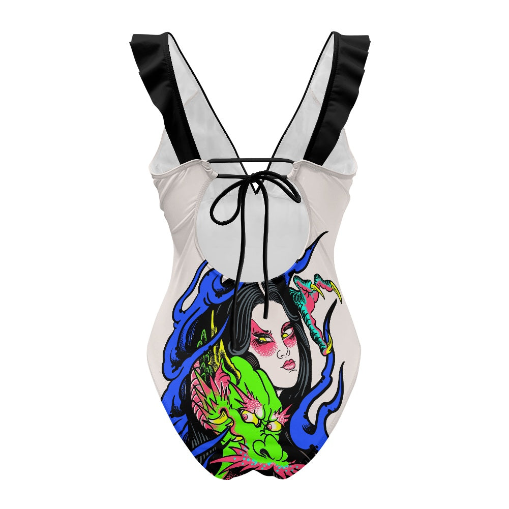 Dragon Lady Women's Ruffled Lace Up One-Piece Swimsuit